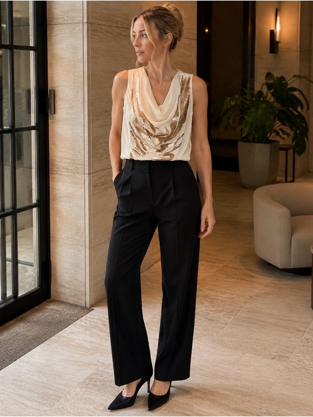Pookie & Sebastian Cream Sequin Drape Top